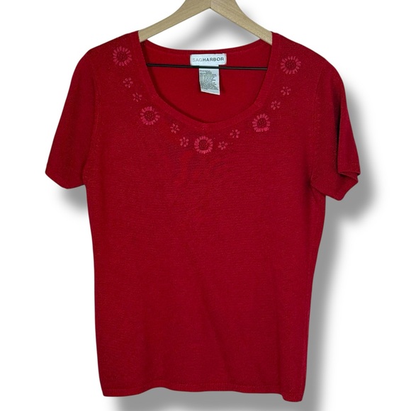 Sag Harbor Sweaters - Sag Harbor Womens Red Embroidered Knit Top Short Sleeve Sweater Size M Classic